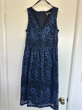 Karl Lagerfeld Navy Floral Lace V-Neck Midi Dress